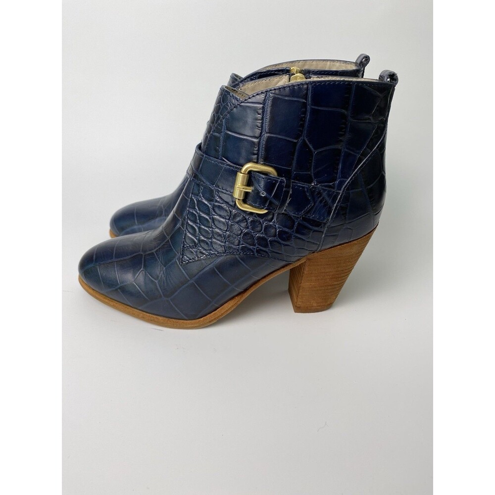 Boden Blue Leather Boho Ankle Boots Sz 38 (US 8) Gold Buckle Block Heel